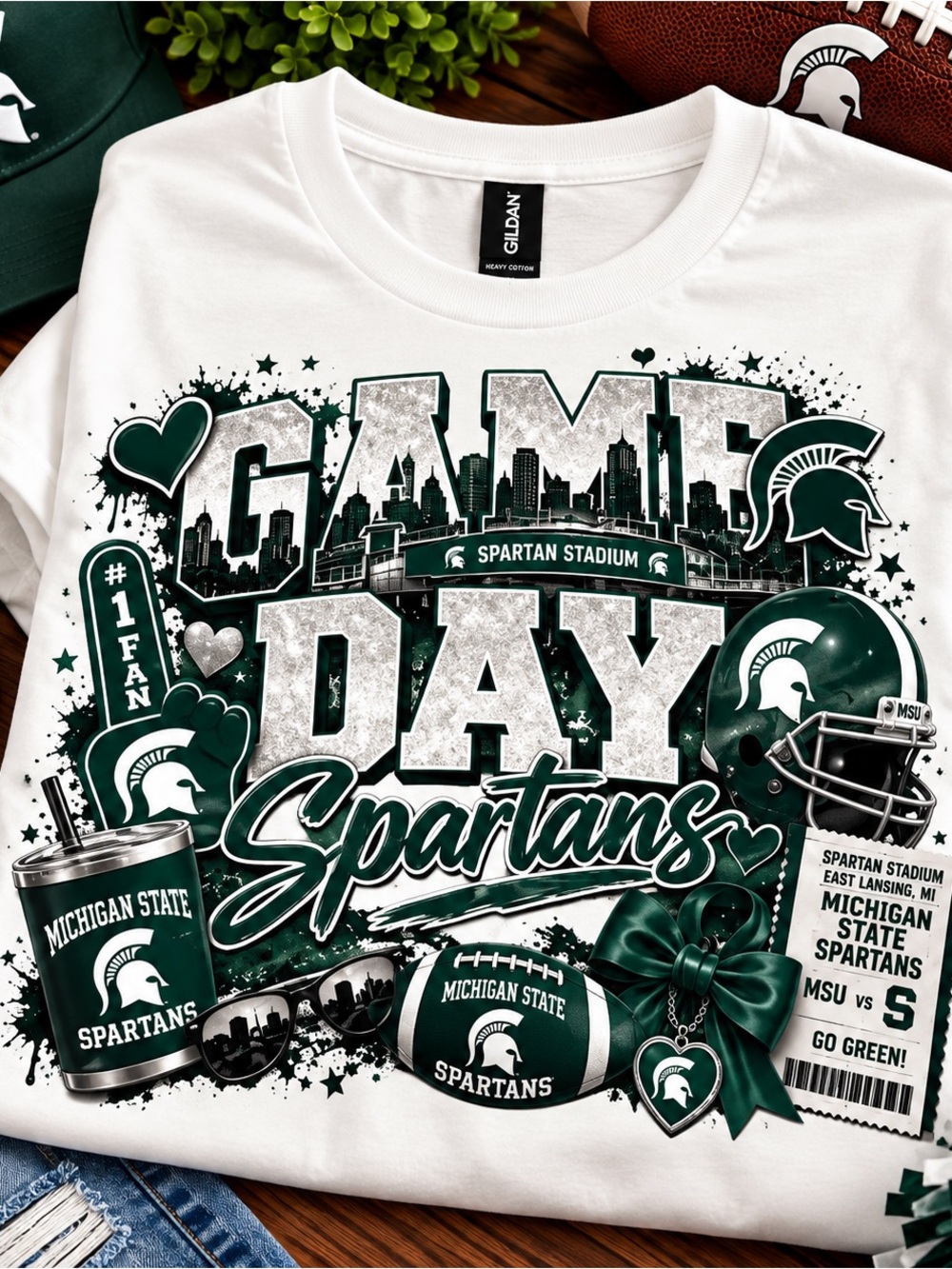 Gildan White Michigan State Spartans Game Day Tee with Green Graphics